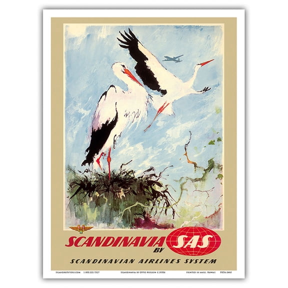 Scandinavia - White Storks - SAS Scandinavian Airlines System - Vintage Airline Travel Poster by Otto Nielsen c.1950s - Master Art Print (Unframed) 9in x 12in