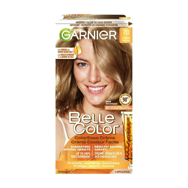 Garnier Belle Color Permanent Hair Dye, 70 Dark Blonde, 100% Grey Coverage, Enriched with Argan Oil and Wheat Germ Oils - 1 Application
