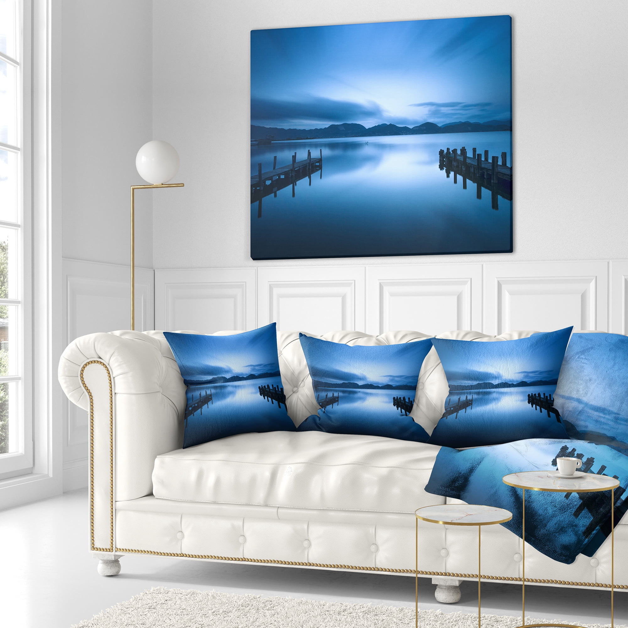 Designart Dark Blue Sea and Piers - Seascape Throw Pillow - 16x16