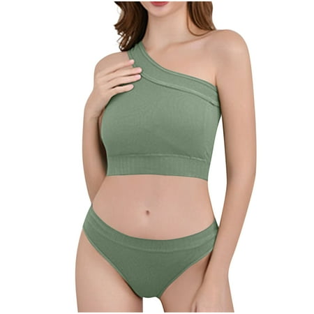 Summer 2 Pc Women s Seamless One Shoulder Comfy Wireless Sports Bras Support Push-Up Underwear With High Waisted Panty Workout Yoga Lingerie Sets