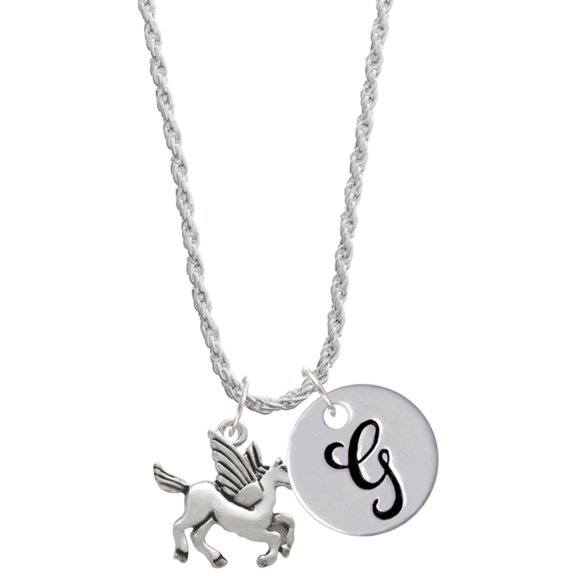 Delight Jewelry Silvertone Medium Pegasus Silvertone Script Initial Disc - G - Charm Necklace, 20"+3"