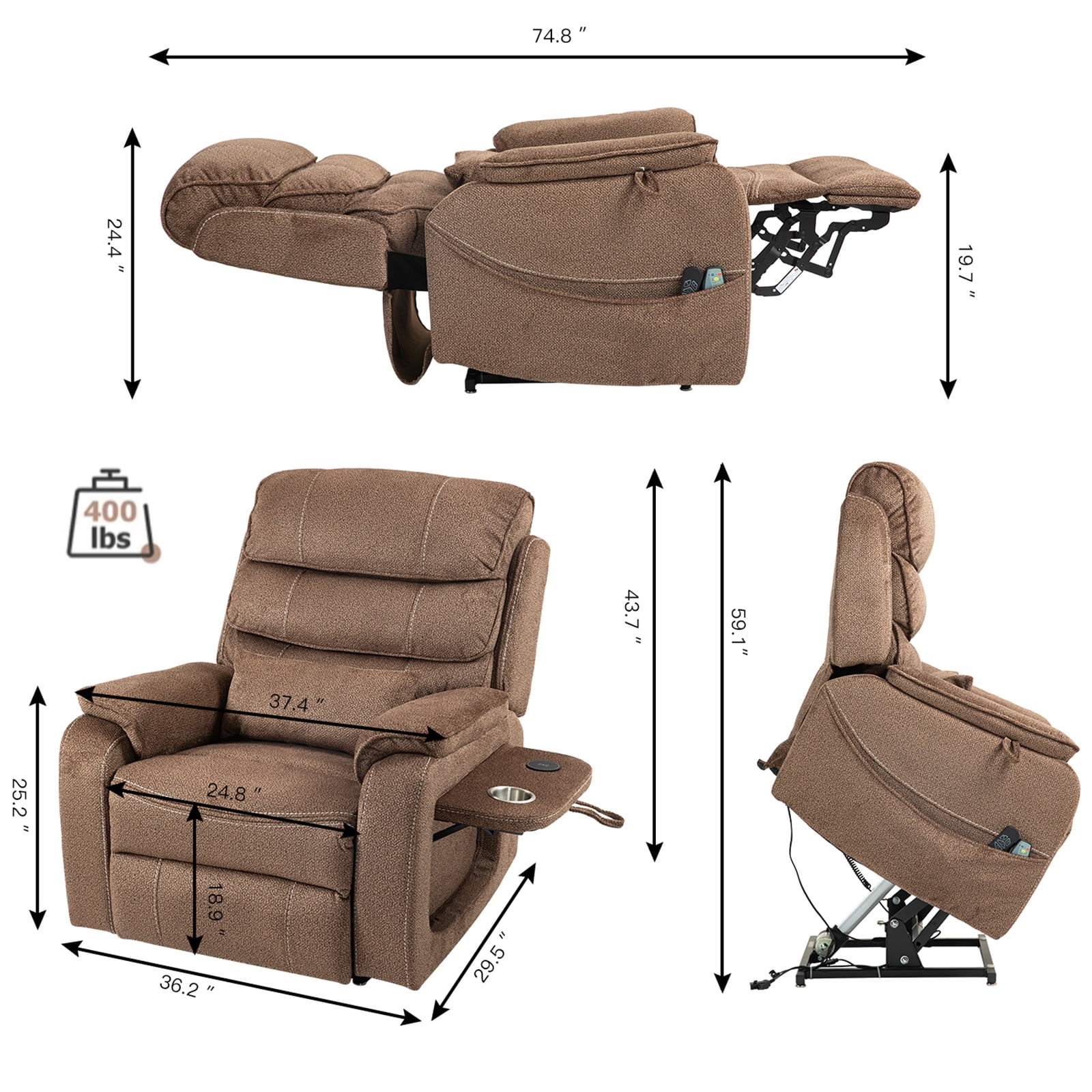LITVZ Large Lift Chairs Recliner for Elderly, Infinite Position Dual Motor Power Lay Flat, Stand Up Recliner Lift Chair with Massage and Heat, Lumbar Pillow, Wireless Charging & Cup Holder