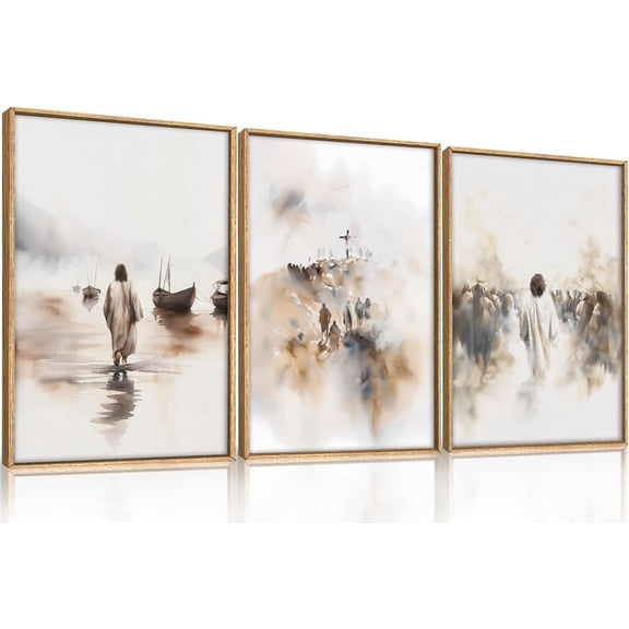 Jesus Framed Canvas Wall Art Set,Christian Bible Wall Decor, Minimalist Boho Christian Wall Painting, Retro Christmas Generic The Cross Art Prints for Living Room Bedroom, Church -16"x24"x3