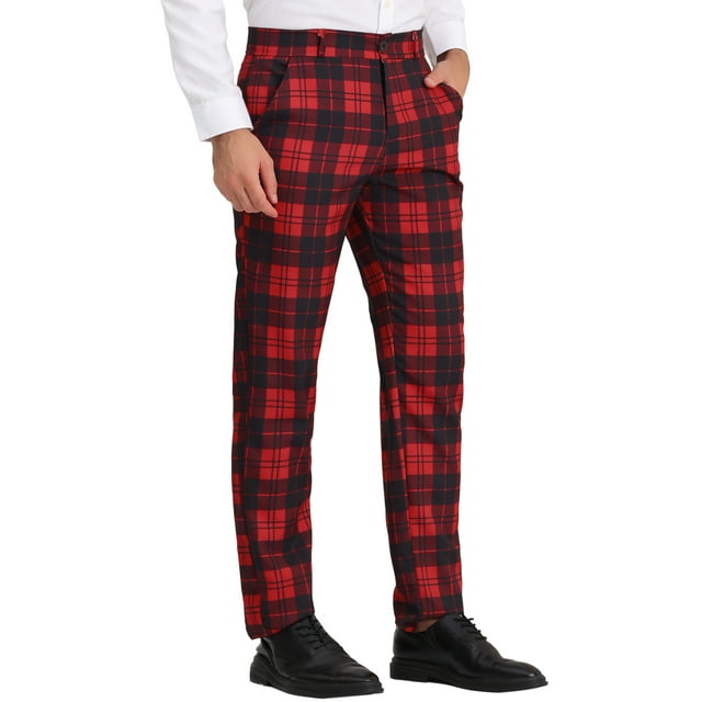 Pantalones de tela escocesa para hombre, ajuste regular, parte delantera plana, trabajo, baile de graduación, pantalones a cuadros rojo S