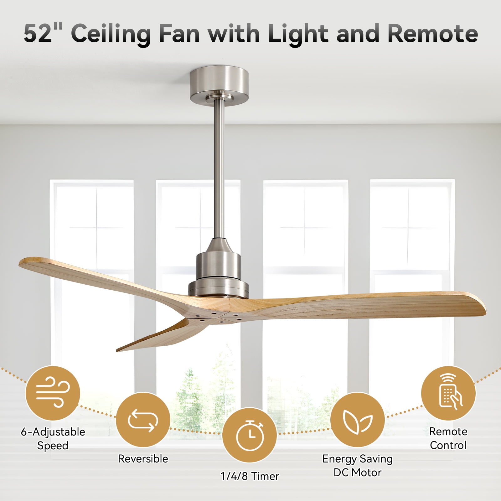 Sofucor 52-Inch Ceiling Fan with Light and Remote, Dimmable LED, 3 Reversible Natural Wood Blades, Indoor/Outdoor