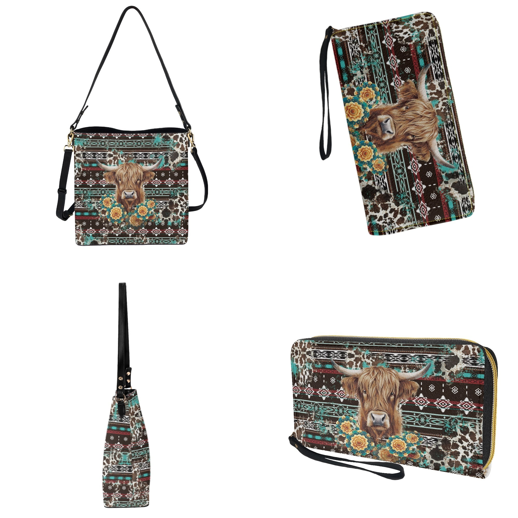 ZUXONGSY Aztec Highland Cow Boho Mandala Print Leather Bucket Bags for Women 2 Pcs Large Bucket Handbag with Wallet Set, Crossbody Hobo Bag Satchel Purse Bucket Bag Purse for Shopping Travel Work