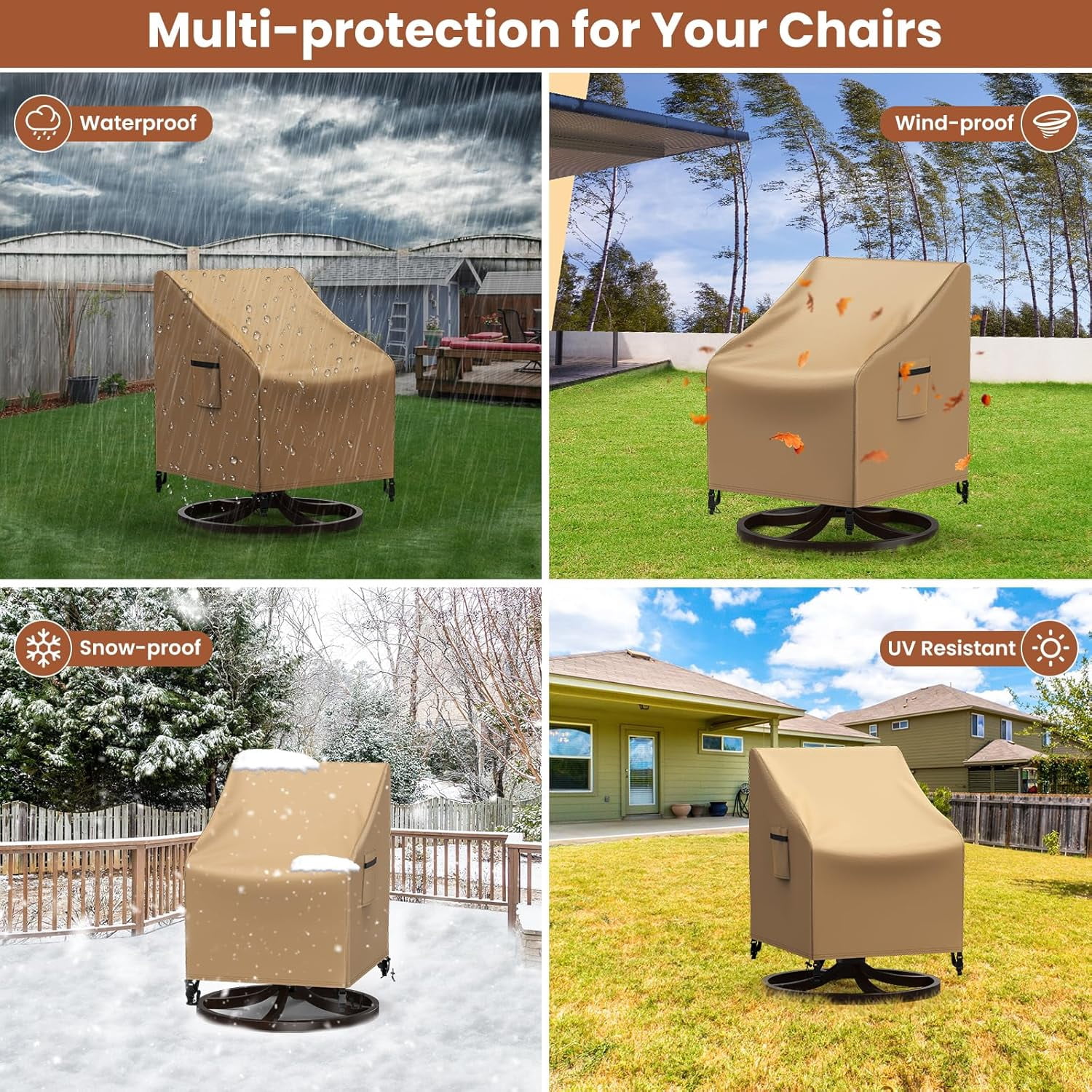 Outdoor Swivel Lounge Chair Cover Waterproof, 2 Pack Heavy Duty Patio Rocking Chair Covers for Outdoor Furniture, 33" W×37" D×38.5" H, Brown