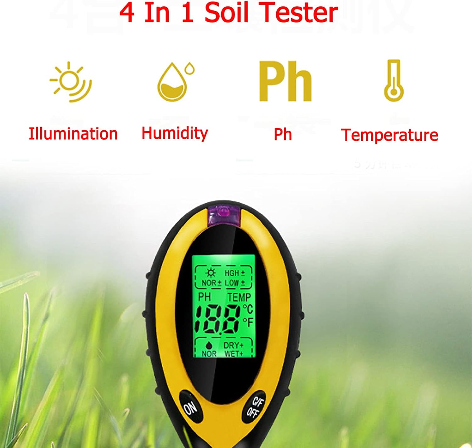 Soil Moisture Meter 4-in-1 Soil Tester with Light, Humidity, PH, Temperature for Garden, Lawn, Farm - Metal Probe, LED Display - Indoor & Outdoor