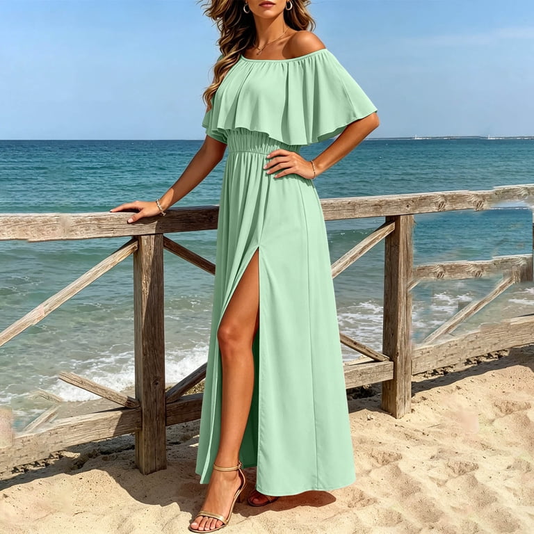 mint green beach dress JIA JIA SHUANG Women Off the Shoulder Flowy Formal Wedding Guest Dresses Maxi Side Split Pleated Cocktail Party Dress(Mint Green,XX-Large) Teal