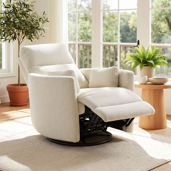 35" Chenille Power Swivel Rocker Recliner Chair with 2 Toss Pillows, USB & Type-C Charging Ports, Beige