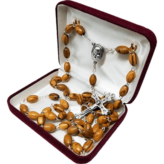 Olive Wood Rosary with Virgin Mary and Jesus Silver Oval Medal and Jerusalem Soil