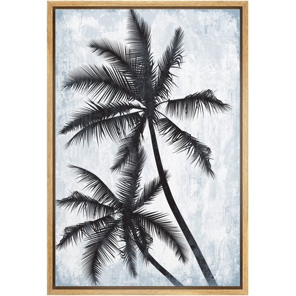 wall26 Framed Canvas Print Wall Art Windy Palm Tree Silhouettes with Blue Grunge Background Floral Nature Illustrations Modern Art Rustic Dramatic for Living Room, Bedroom, Office - 16"x24"