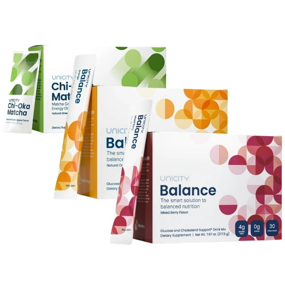 Unicity Duo Balance Booster with Chi-oka matcha: Balance Mixed Berry and Natural Orange 1 Box each (60 Packets) with Chi-Oka matcha 1 Box (30 Packets)