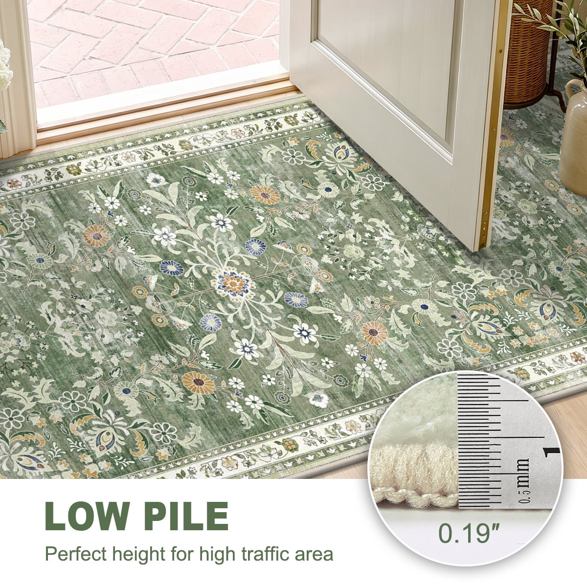 MJIAexp 3'x8' Boho Runner Rug,Non Slip Washable Floral Hallway Runner Rug with Rubber Backing, Low Pile Faux Wool Distressed Carpet for Kitchen, Laundry, Bedroom, Entrance,Green