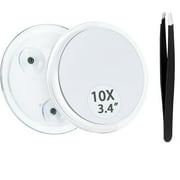 10X Magnifying Mirror with Suction Cup and Tweezers, 3.4" Suction Cups Magnifier Travel Set (White)