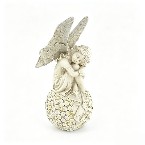 13.2-inch Garden Fairy Statue, Sleeping Angel Statue on a Flower Ball, Outdoor Resin Sculpture for Patio Decor, Antique White La