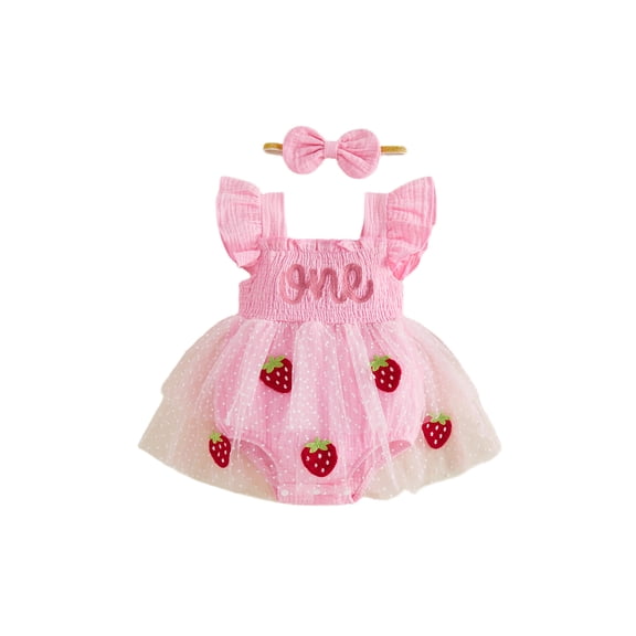 RUINIXCW Baby Girl First Birthday Cake Mesh Outfit 1st Birthday Summer Clothes One Years Old Pink Romper Dress Strawberry Bow Embroidery Ruffled Sleeve Tulle Tutu Dress Headband