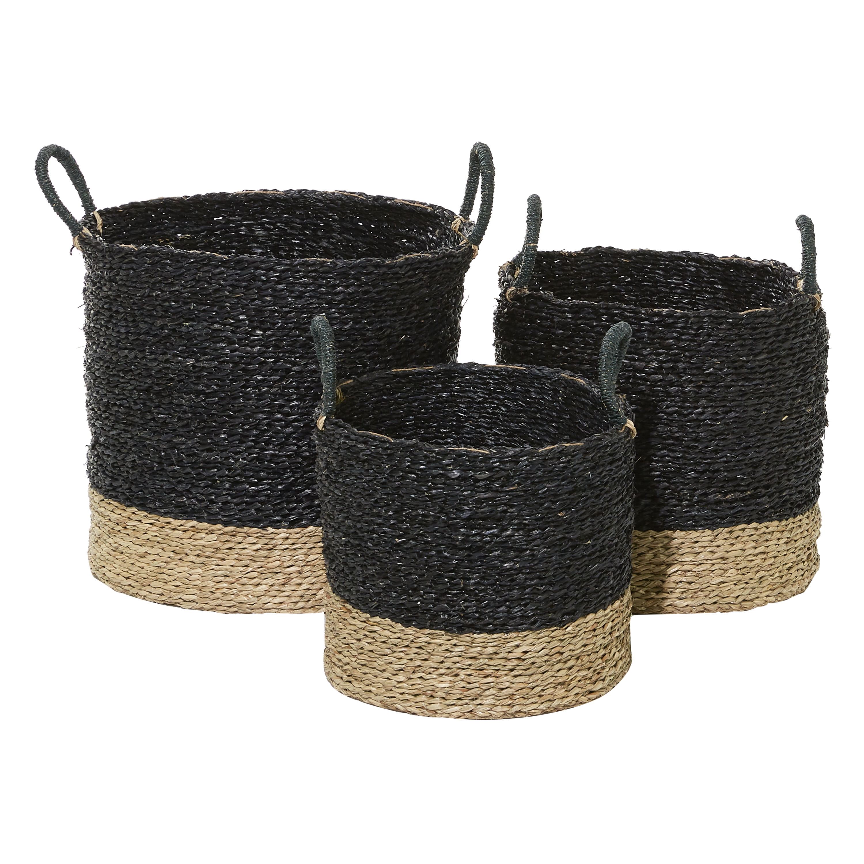 Decmode Black And Natural Woven Round Seagrass Baskets With Handles