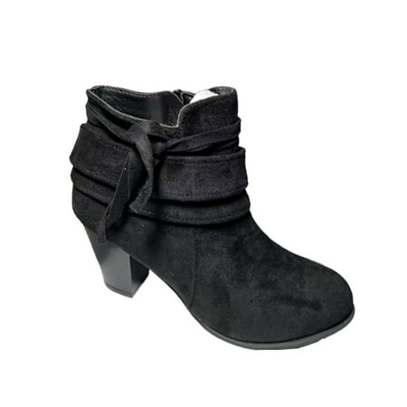 

Boots for Women Women S Fall Winter Solid Color Flock Boots Chunky Heel High-Heels Round-Toe Side Zipper Short Boots