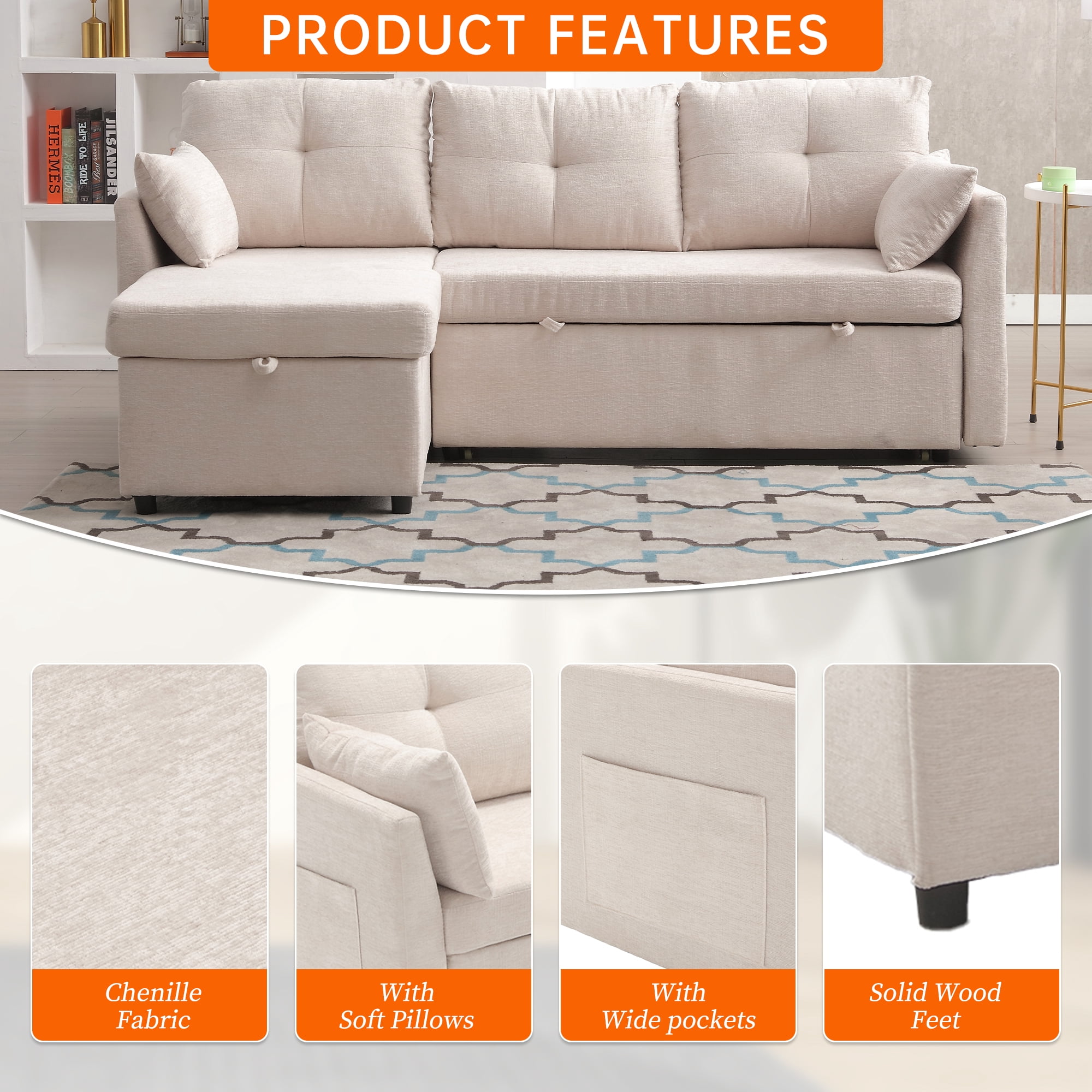 MOONMISS Chenille Upholstered L-Shaped Storage Reversible Chaise Sectional Sofa with Side Pocket-Beige
