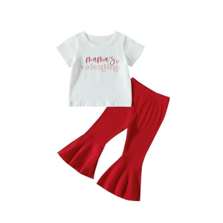 

Pudcoco Valentine s Day Baby Set Letter Short Sleeve Crew Neck T-Shirts Ribbed Flare Pants