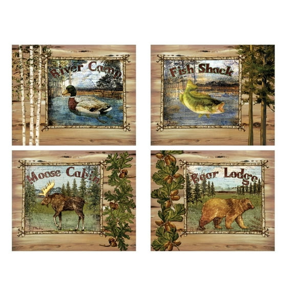Rustic Green and Brown Forest Animal and Lake Adult Lodge Set; 4- 14" x 11" Unframed Prints