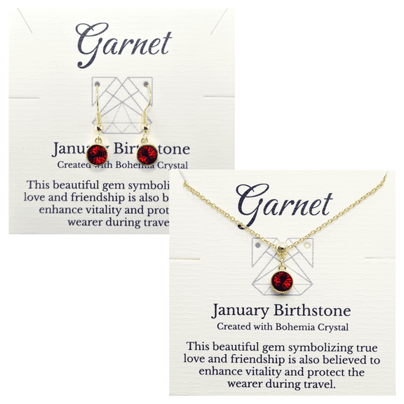Gold January Birthstone Necklace and Drop Earrings Set with Bohemian Crystals, 14K Gold Plated, Birthday Month Gift, Great for Mom.