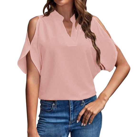 Short Sleeve Tops for Women Solid Color Off The Shoulder Loose Chiffon Shirt V Neck Fashion Casual T Shirts For Women