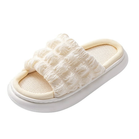 

Youmylove Summer Flax Women Slide Slippers Thick Sole Anti-Slip Cotton Flax Bubble Plaid Cute Slippers Comfort Cozy Leisure Daily Walking