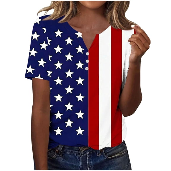 successthop 4th of July Clothes Women Flags Loose Plus Size V Neck T Shirt Button Festival Shirts Short Sleeve Tops Blue