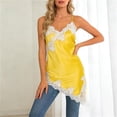 thumbnail image 2 of Satin Tops for Women Deep V Neck Spaghetti Strap Tank Top Lace Trim Asymmetrical Hem Silky Casual Going Out Camisole, #01 Yellow, M, 2 of 7