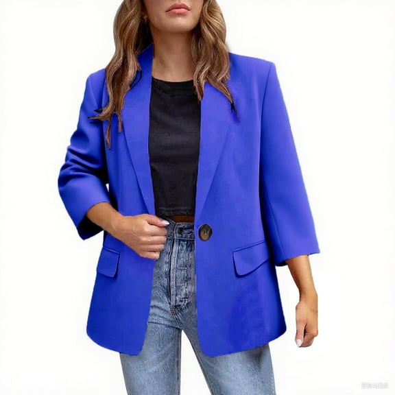 BXINGOHAI Women's Summer Linen Blazer 3/4 Sleeve Lightweight Slim Elegant Casual Work Jacket with Pockets Blue 2XLL