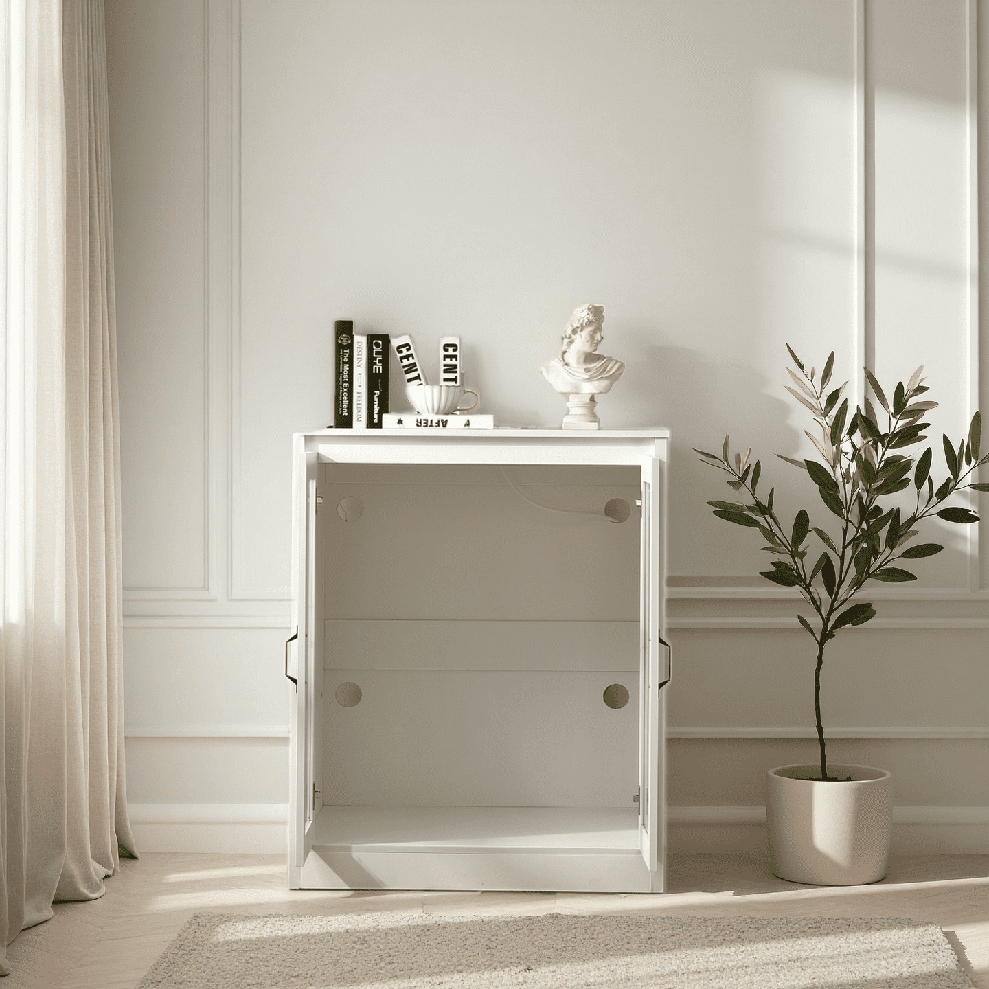 Cat Litter Enclosure with Cat-Viewing Glass Doors, Litter Cabinet with Power Outlet and Cozy LED Lights, Reversible and Optional Entry, White