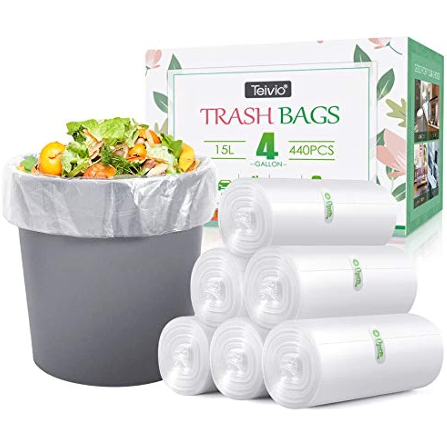 1.2 Gallon/330pcs Strong Trash Bags Colorful Clear Garbage Bags by Teivio,  Bathroom Trash Can Bin Liners, Small Plastic Bags for home office kitchen