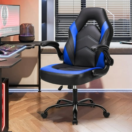 Ergonomic Gaming Chair, High Back PU Leather Computer Desk Chair with Lumbar Support, Flip-up Armrests & Adjustable Height, Black Blue