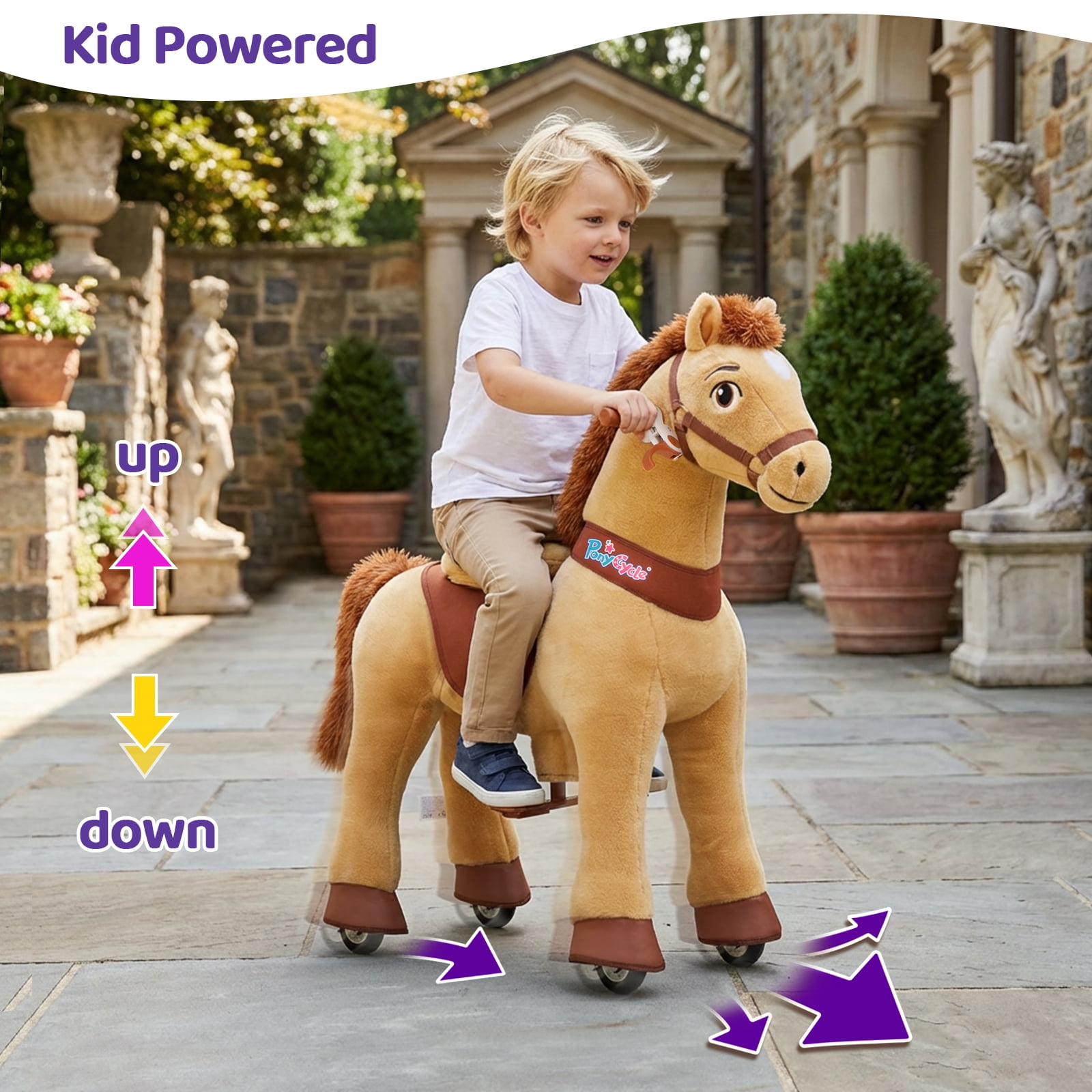 PonyCycle Kid-Powered Ride-On Horse Toy, No Battery, Hand Brake, Ages 3–4, Light Brown, E336