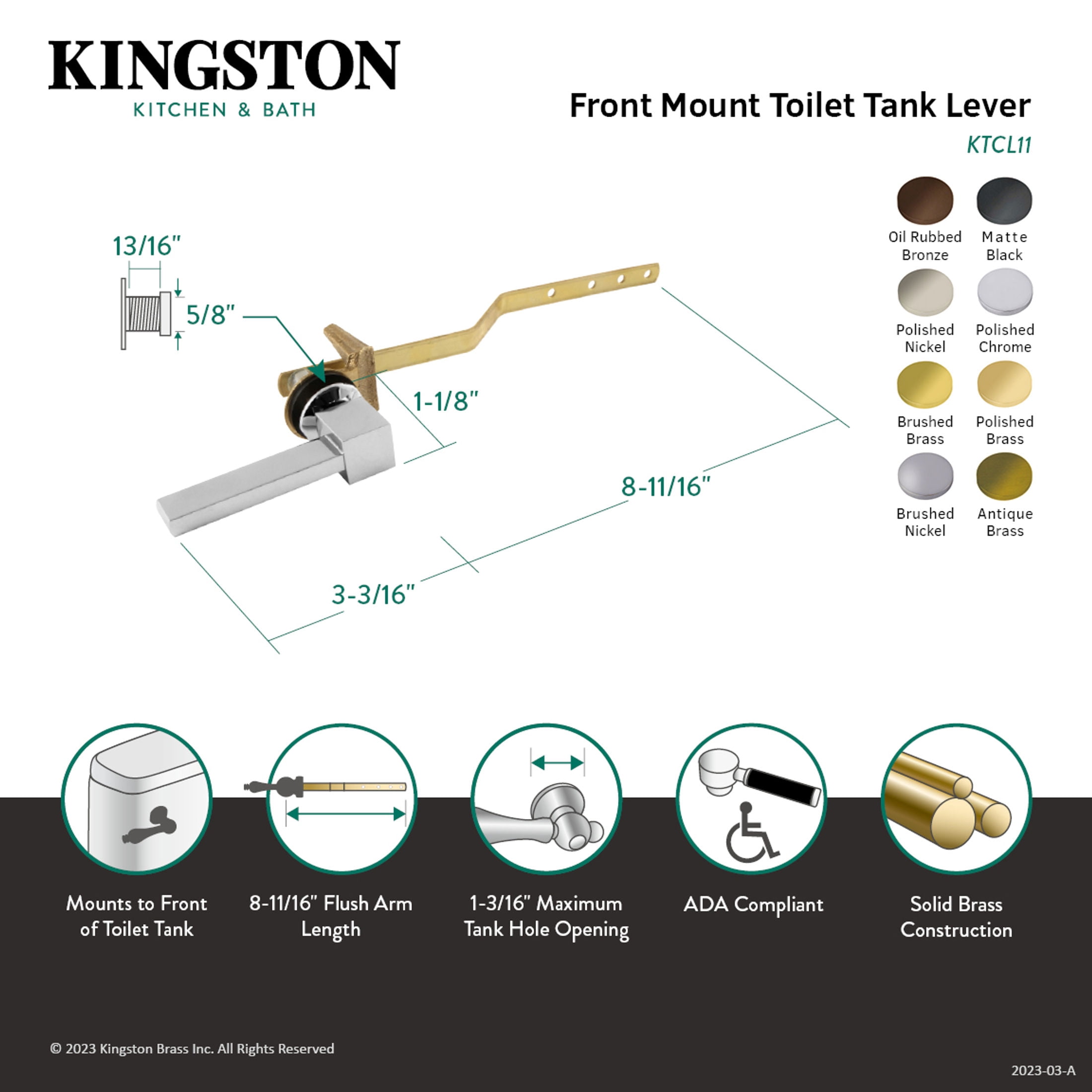 Kingston Brass KTCL10 Claremont Front Mount Toilet Tank Lever, Left/Right Installation in Matte Black