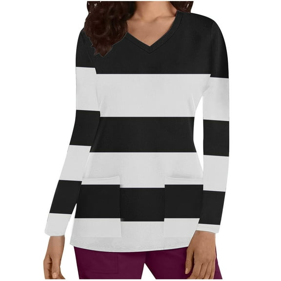 Aofany Women's Scrubs Tops Stripes Long Sleeve Shirts Dressy V-Neck Healthcare Top Medical Workwear Tee with Pockets