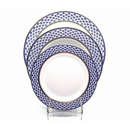 - Place Setting 3-pcs, Lomonosov Porcelain, Russian Cobalt Blue Net, 24K Gold