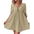 thumbnail image 2 of Robe en Lin pour Femme, Robe Décontractée à Col en V et Manches Courtes, Robe d'Été Longueur Genou pour les Vacances, 2 of 6