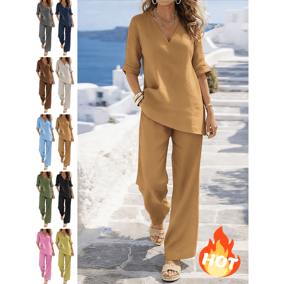 Mifsaly 2 Piece Linen Set for Women Short Sleeve V Neck Tunic Tops and Straight Leg Long Pants with Pockets Lightweight Loose Summer Travel Matching Outfits Khaki,S