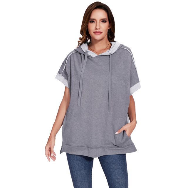 Sweat à Capuche Oversize à Manches Courtes pour Femmes avec Fentes Latérales