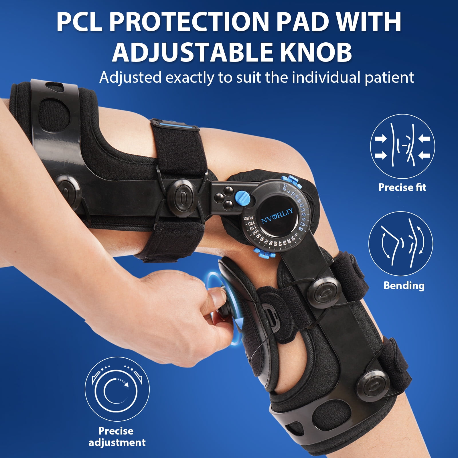 Nvorliy Knee Brace for Functional Posterior Cruciate Ligament (PCL) Recovery Stabilization, Adjustable Medical Post-Op Orthosis for Post-Surgery Support, Women and Men (Right, Large)