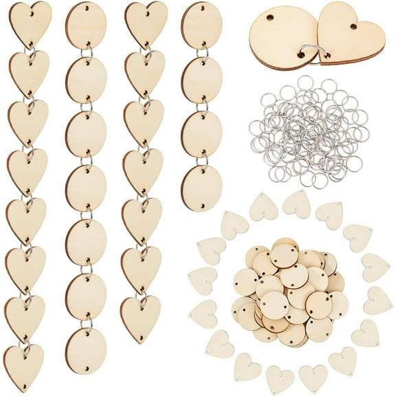 100Pcs Family Birthday Plaque Tags Wooden Heart Tags with Holes Wood Circles and 100Pcs Jump Rings Links Unfinished Wood for DIY Crafts Family Sign Birthday Calendar Chore Boards Valentine