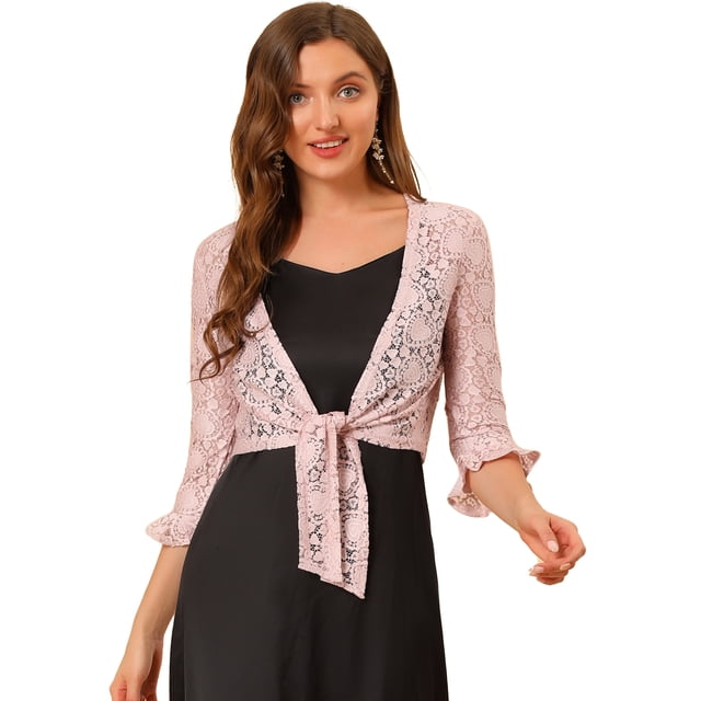 Top Tolera De Encogimiento De Hombros Estilo Bolero De Encaje De Corazón Con Lazo De Manga Con Volantes Elegante Para Mujer Rosa XS