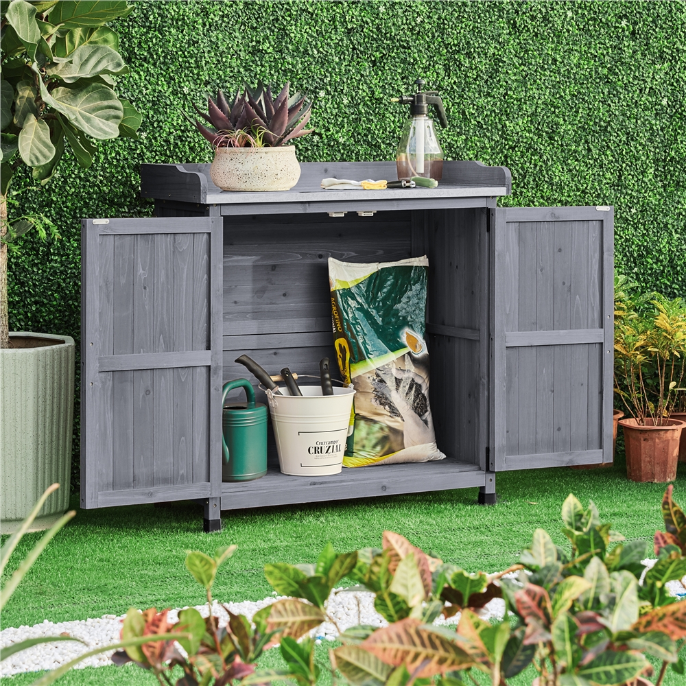 Renwick Garden Potting Bench Table with Cabinet, Gray