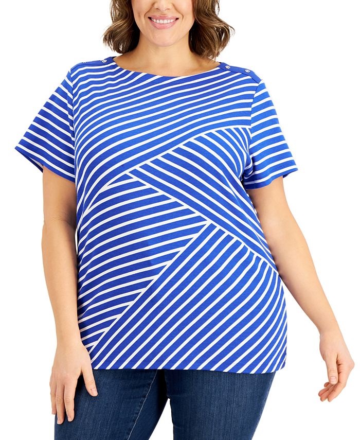 Asymmetrical Striped Top Blue Size 1X 