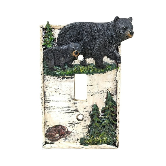 Black Bear & Birch Tree Single Toggle Switch Cover | Rustic Nature Cabin Lodge Decor | Woodland Wildlife Decorative Wall Plate