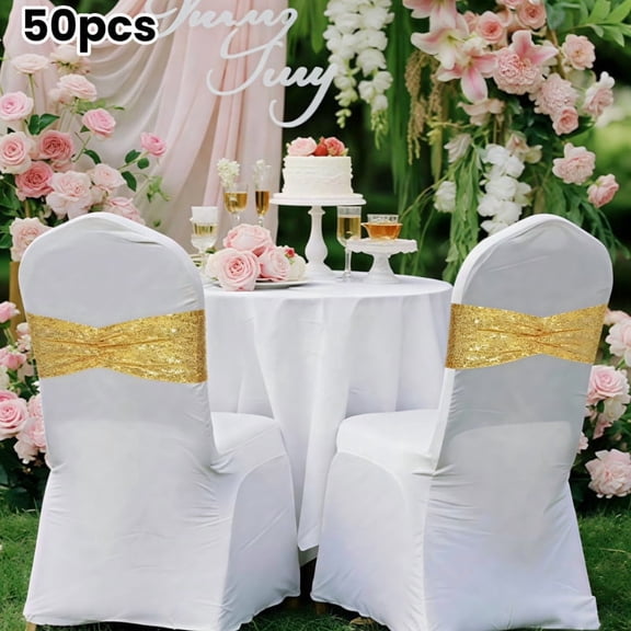 DUNCHATY 50 Pack 14x6in Gold Sequin Stretch Chair Bands – Bow Sashes for Parties & Receptions