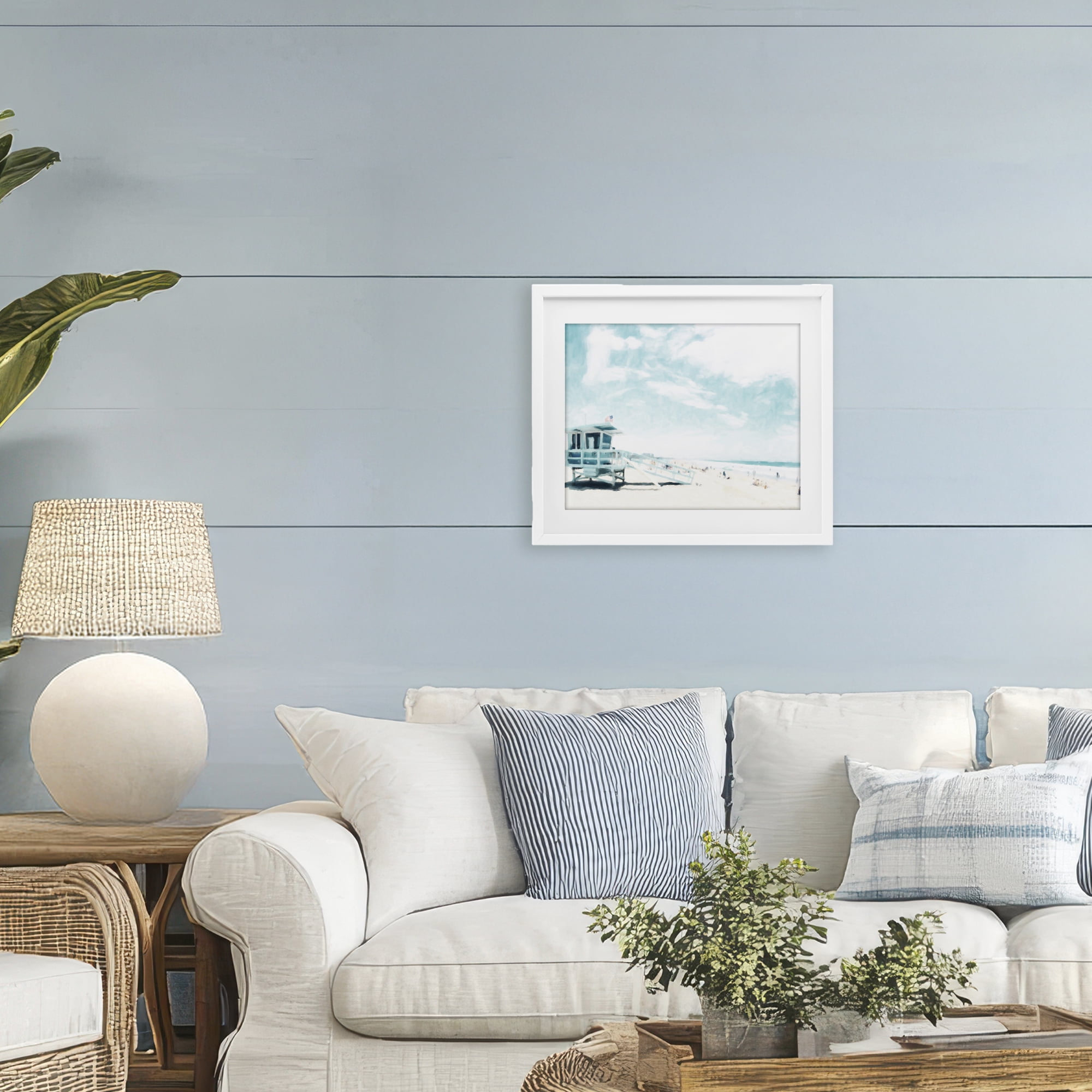Stupell Industries Blue Beach Station White Framed Print Under Glass, design by Kim Curinga